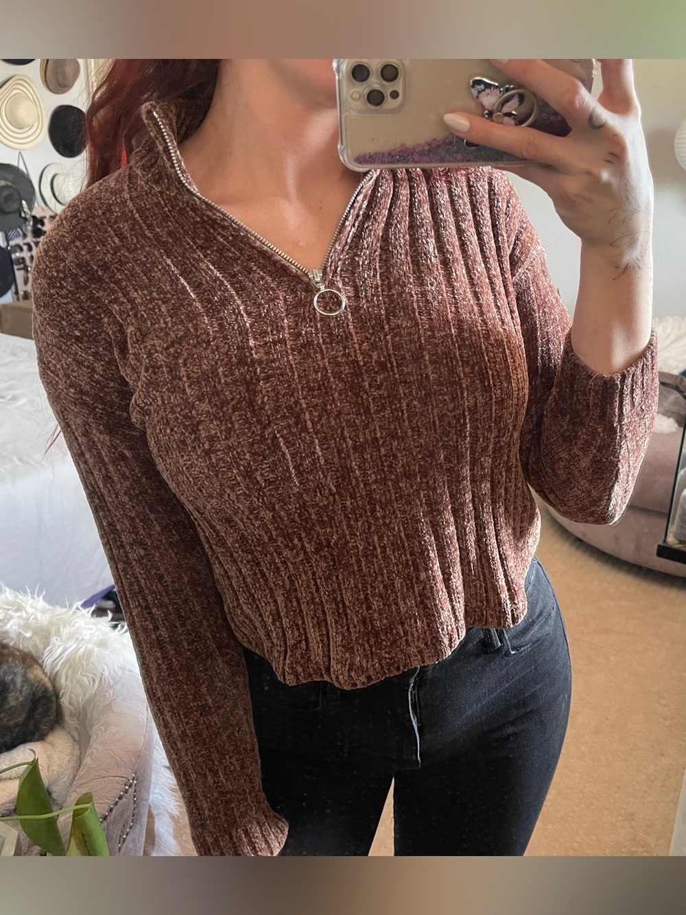 Pink Rose Ribbed Zip-Front Chenille Sweater in Rust Pink Brown - Size S